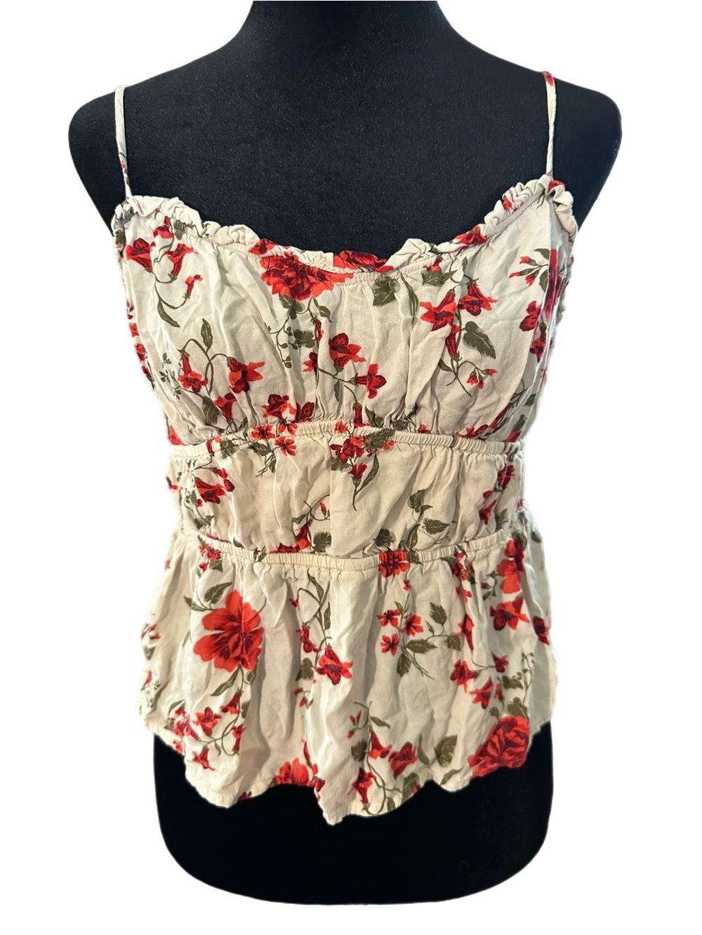 Old Navy Cream Spaghetti Strap Floral Peplum Cami with Red Flowers